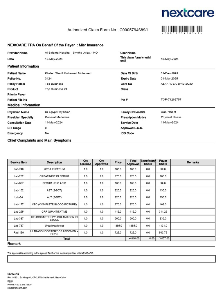 Authorized Claim Form No: C0005794689/1: Nextcare Tpa On Behalf of The ...