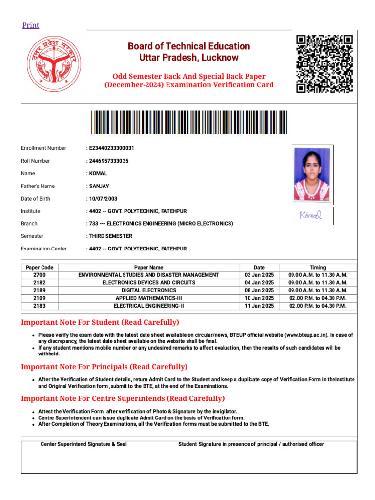 Bteup - Ac.in ESeva Student VerificationCard - Aspx EnrollNumber ...