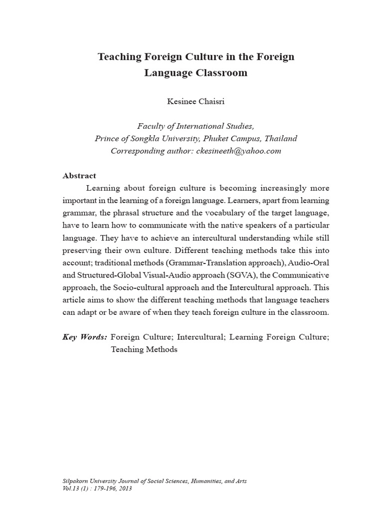 Teaching Foreign Culture in The Foreign Language Classroom | PDF ...