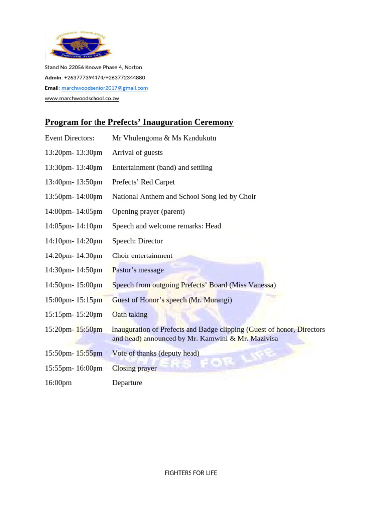 Prefects' Inauguration Ceremony Program | PDF