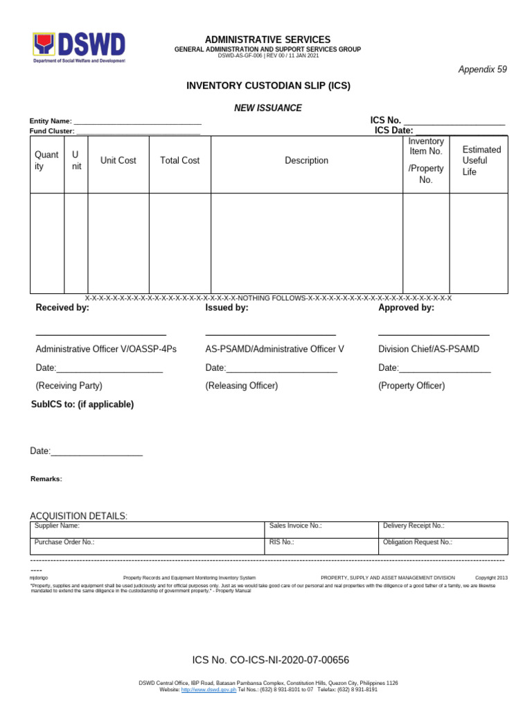 Dswd-As-Gf-006 - Ics - New - Issuance | PDF | Business