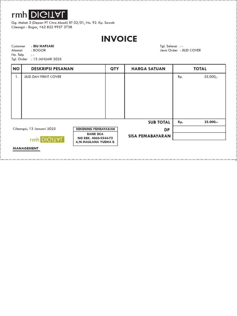 Contoh Invoice Resmi Jilid Cover | PDF