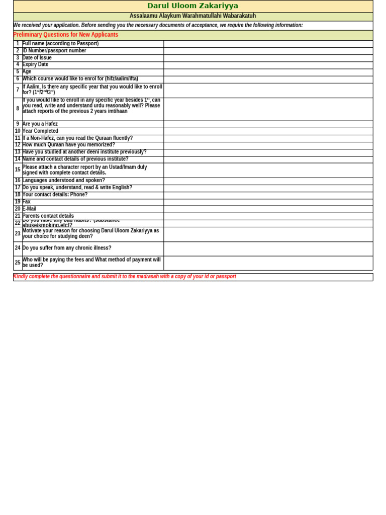 Darul Uloom Zakariyya Application Guide | PDF