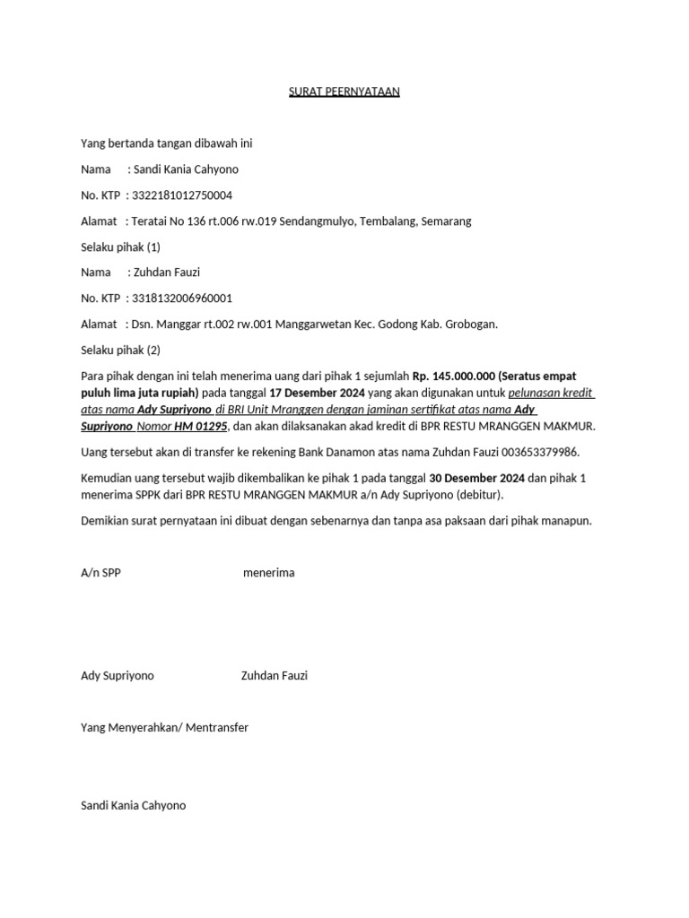 Surat Pernyataan Pengajuan Hutang | PDF