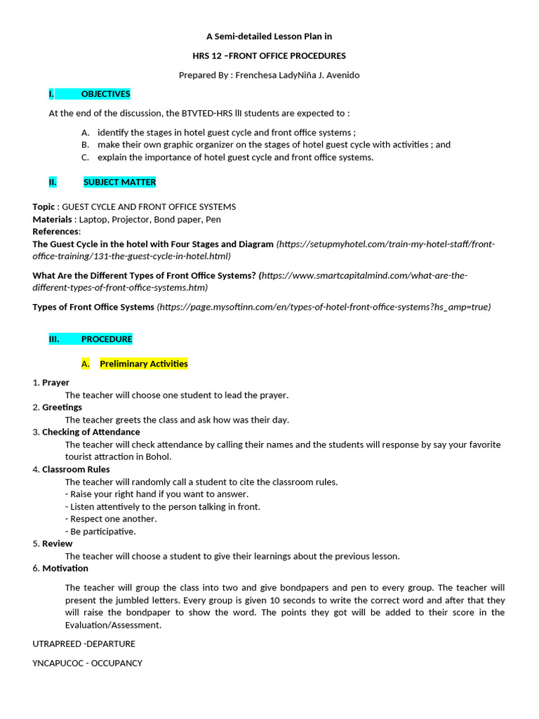 Fo Lesson Plan 1 | PDF | Cloud Computing | Hotel