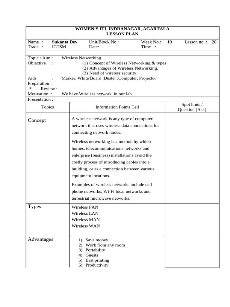 Wireless Networking Lesson Plan | PDF | Computer Network | Wireless Network