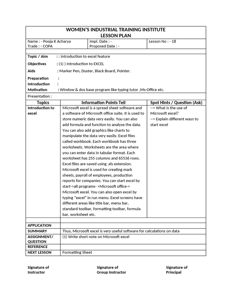 Lesson Plan for Excel | PDF | Microsoft Excel | Computing
