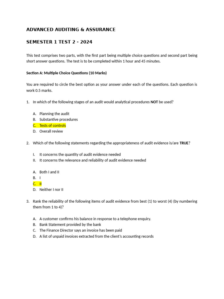 Advanced Auditing Test 2 - 2024 | PDF | Audit | Auditor's Report