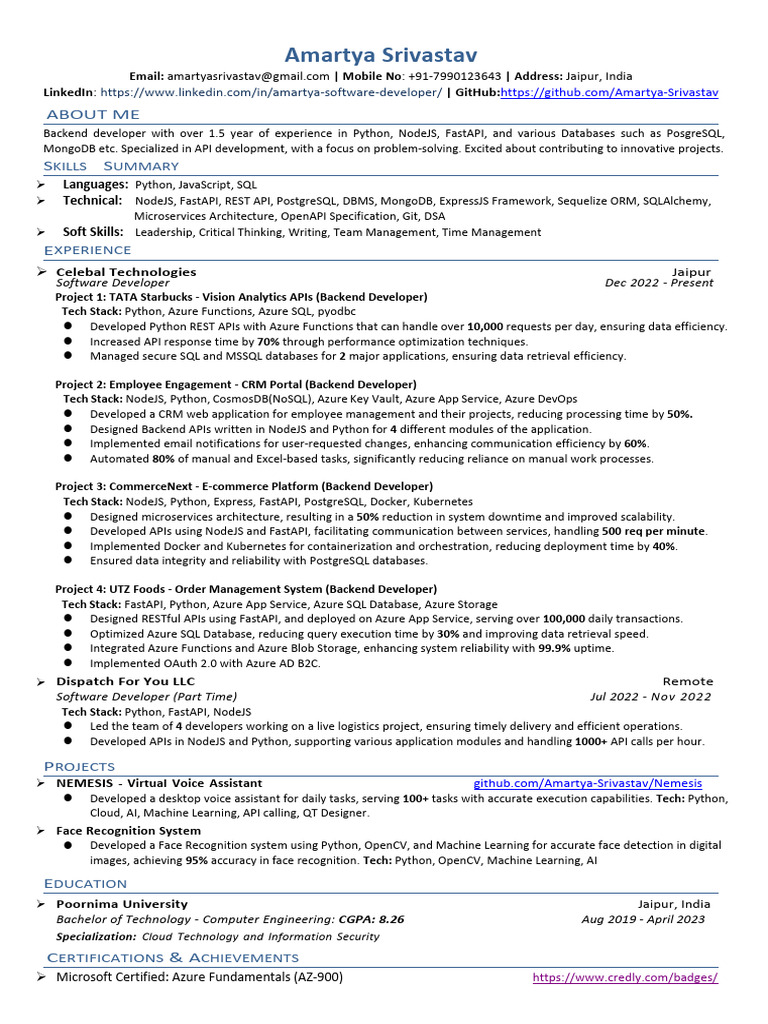 Backend Developer Amartya Srivastav Profile | PDF | Microsoft Azure ...