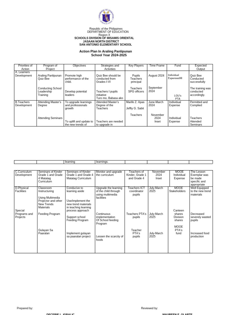 Action Plan for Araling Panlipunan 2024-2025 | PDF | Teachers | Pedagogy
