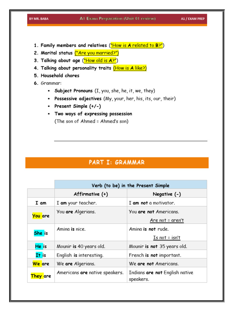 Unit 03 Session 14 A1 Exam Preparation (Unit 01 Review) | PDF | English ...