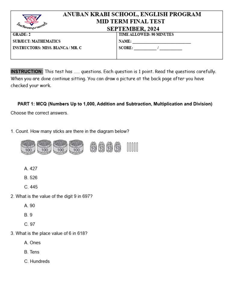 Grade 2 Math Midterm Test Guide | PDF | Multiple Choice | Arithmetic