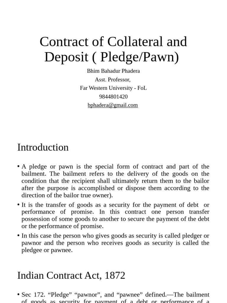 Contract of Pledge and Deposit Overview | PDF | Debt | Collateral (Finance)