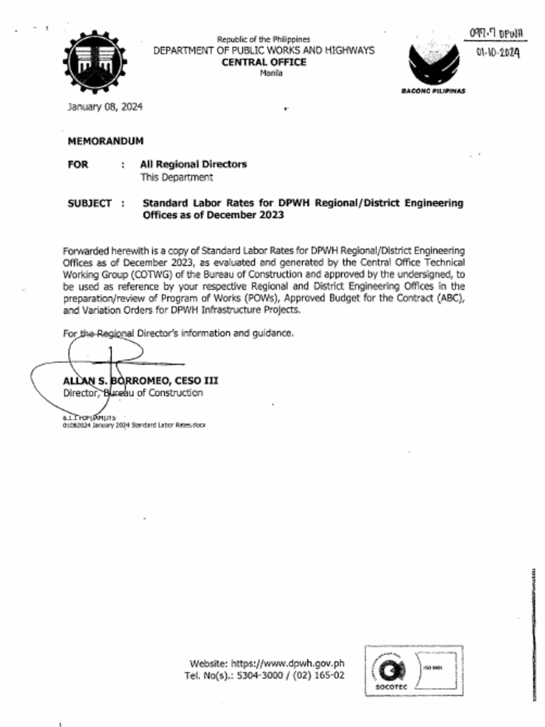 Standard Labor Rates For DPWH Regional and District Engineering Offices ...