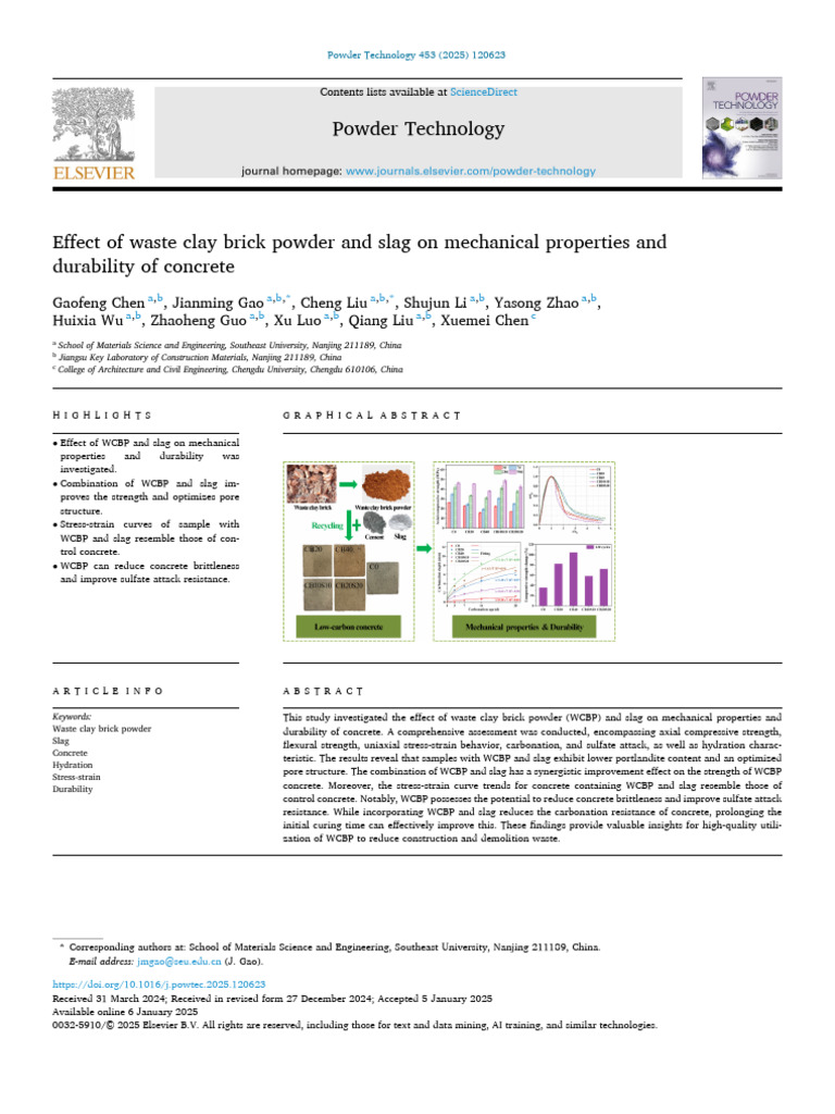 Effect of Waste Clay Brick Powder and Slag On Mechanical Properties and ...