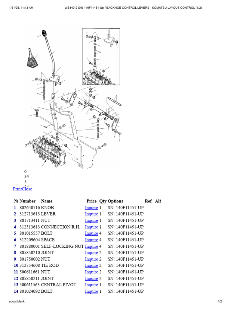 WB140-2 S - N 140F11451-Up - BACKHOE CONTROL LEVERS - KOMATSU LAYOUT ...