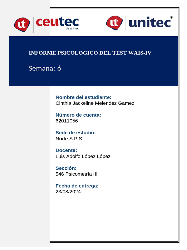 Informe Psicologico Del Test Wais Iv Cinthia Melendez | PDF | Escala de ...