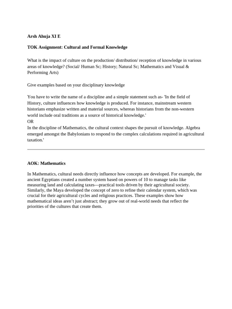 Arsh XI E Cultural and Formal Knowledge | PDF