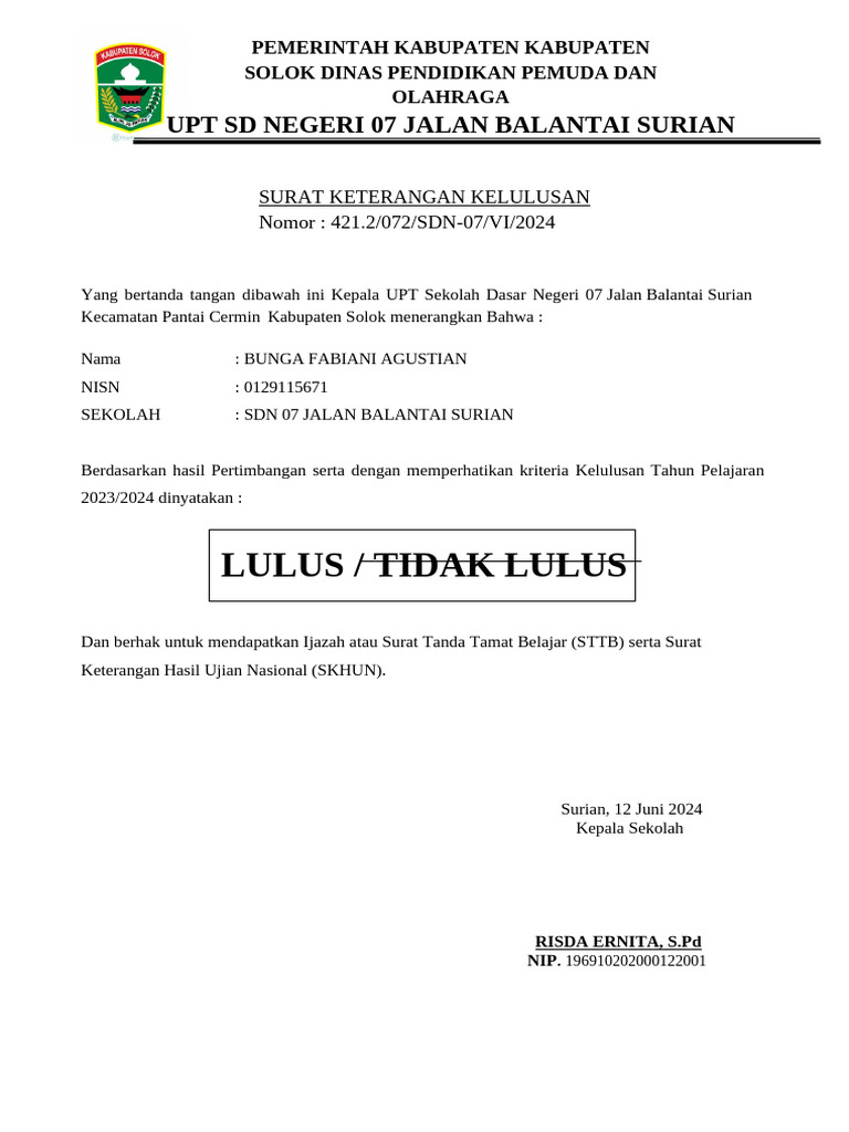Surat Keterangan Kelulusan SDN 07 | PDF