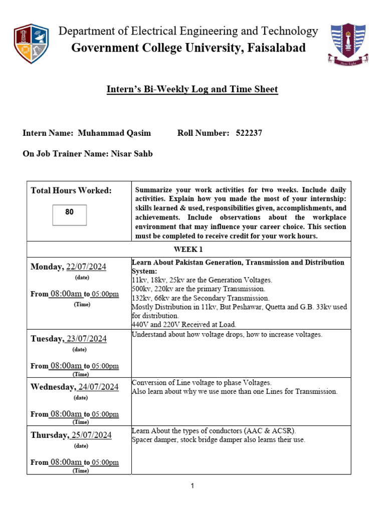 Electrical Engineering Internship Log | PDF | Electric Power ...