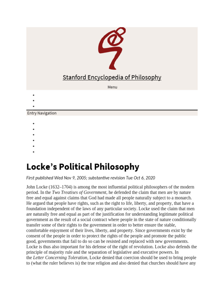 Locke's Political Philosophy Explained | PDF | Natural Law | John Locke