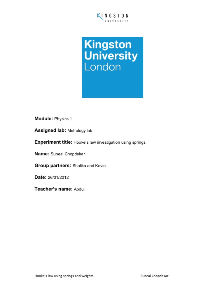 Hooke's Law Experiment Report | PDF | Elasticity (Physics) | Force