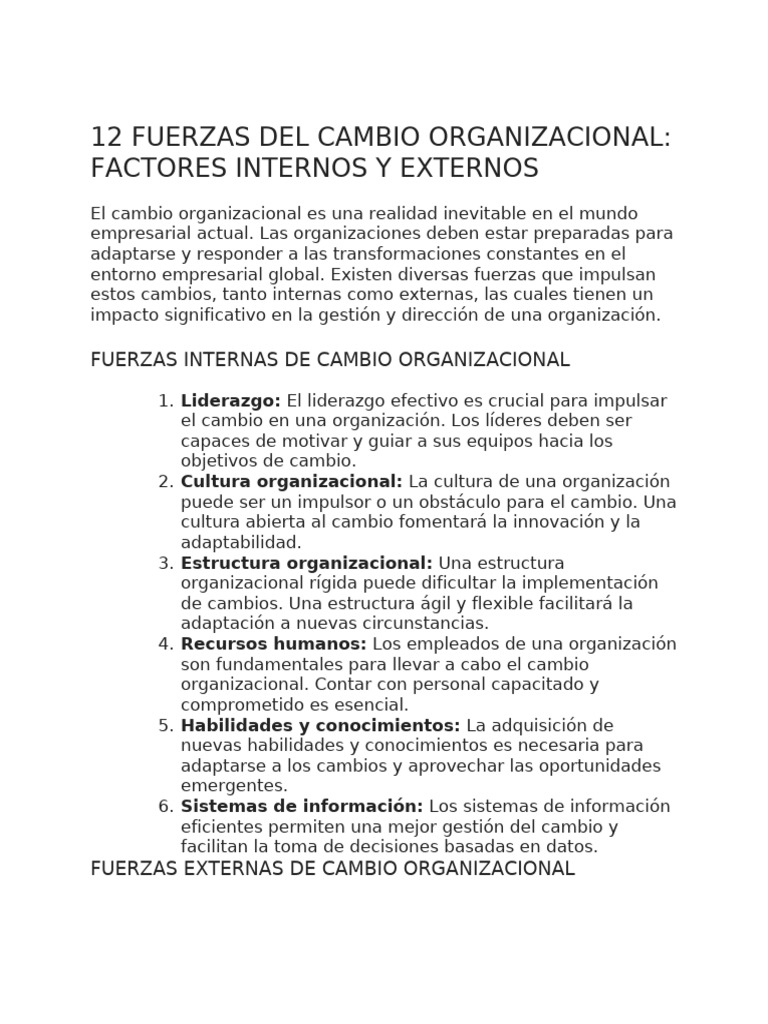 Fuerzas del Cambio Organizacional | PDF | Gestión del cambio | Liderazgo