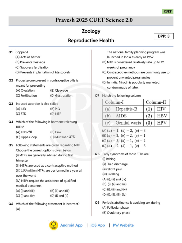 Pravesh 2025 CUET Science 2.0: Zoology Reproductive Health | PDF ...