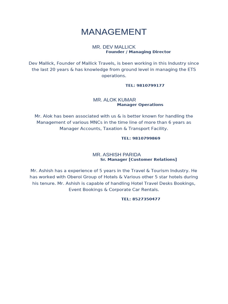 Mallick Travels Management Team Overview | PDF