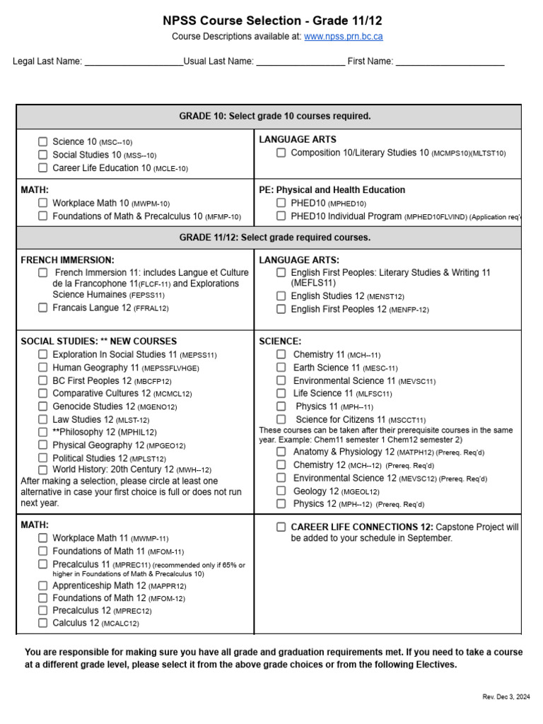 NPSS Grade 11/12 Course Selection | PDF