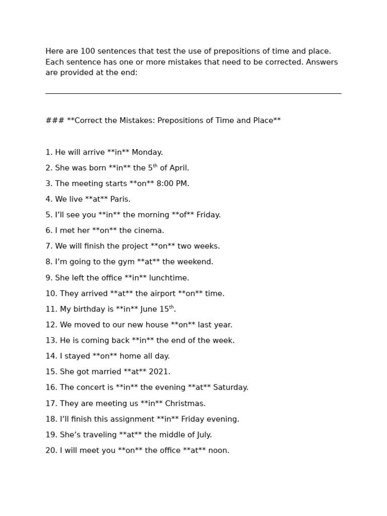 preposition test | PDF | Workweek And Weekend