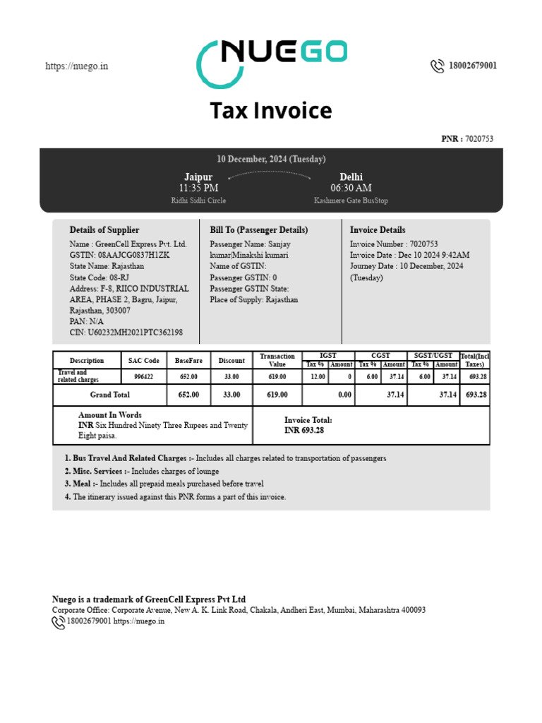 Nuego Bus Travel Invoice Details | PDF | Invoice