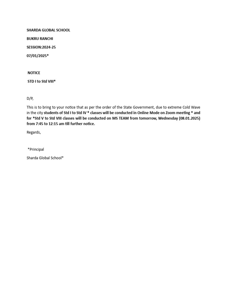 Notice For STD I To STD VIII | PDF