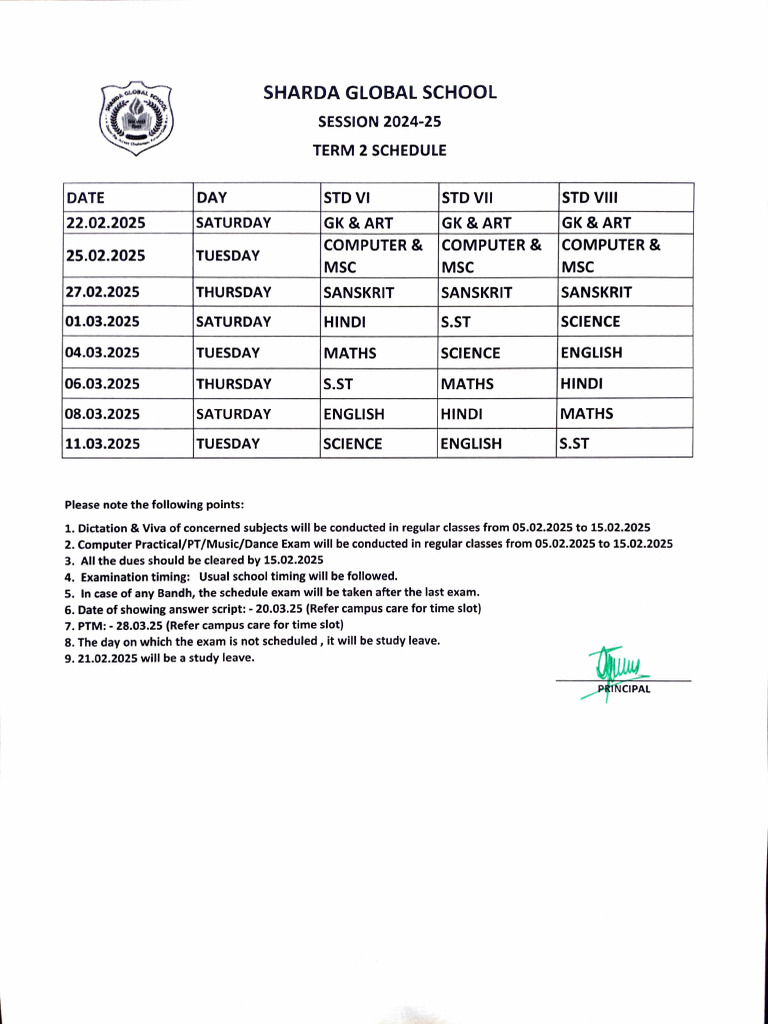 6 7 8 Term 2 Datesheet 2025 | PDF