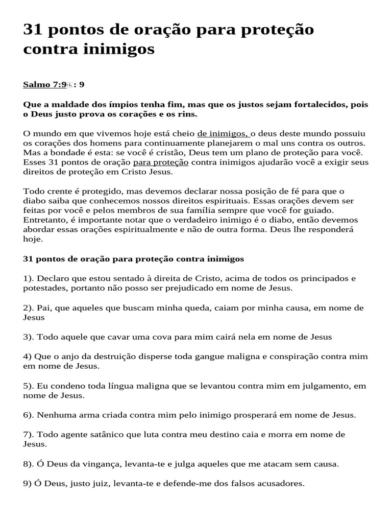 31 Pontos de Oração para Proteção Contra Inimigos | PDF | Oração | Anjo