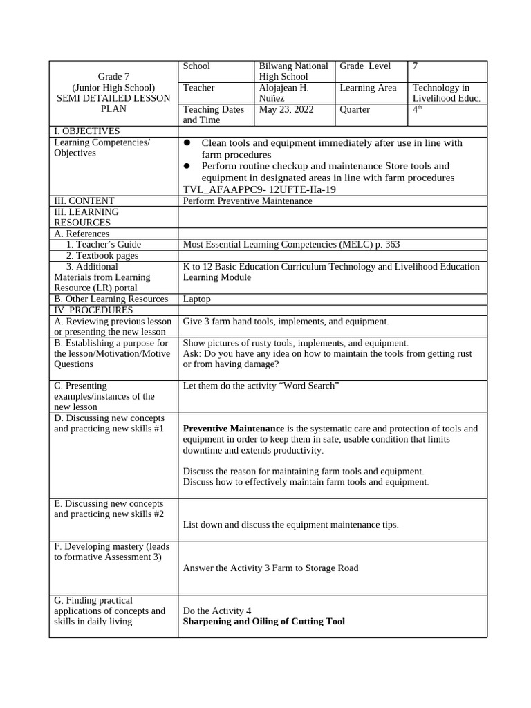 Grade 7 Lesson Plan: Tool Maintenance | PDF | Tools | Learning