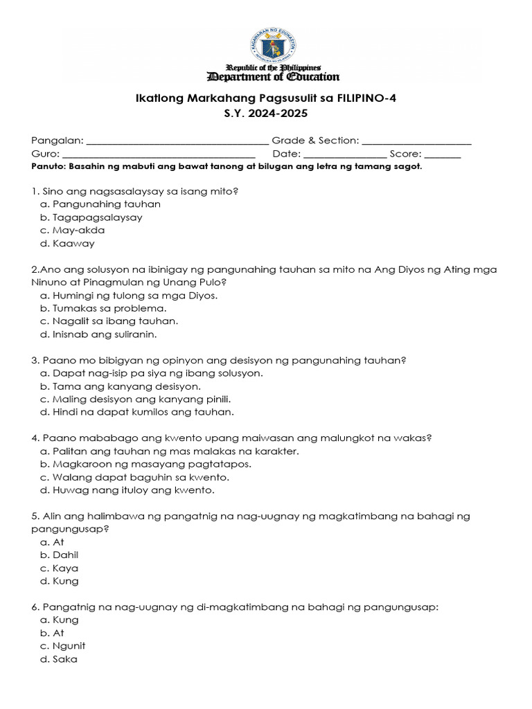 3rd Periodical Test Filipino 4 Pdf