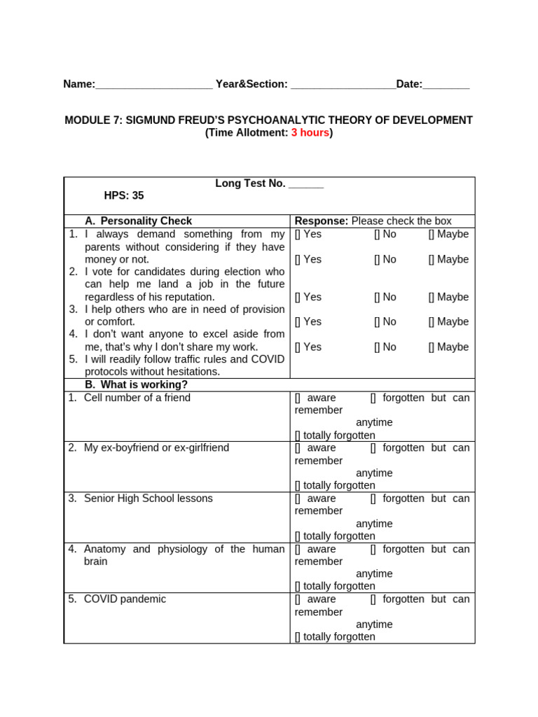 Freud's Psychoanalytic Theory Test | PDF | Psychological Concepts ...