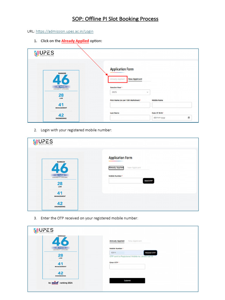 SOP - Offline PI Slot Booking - MBA | PDF