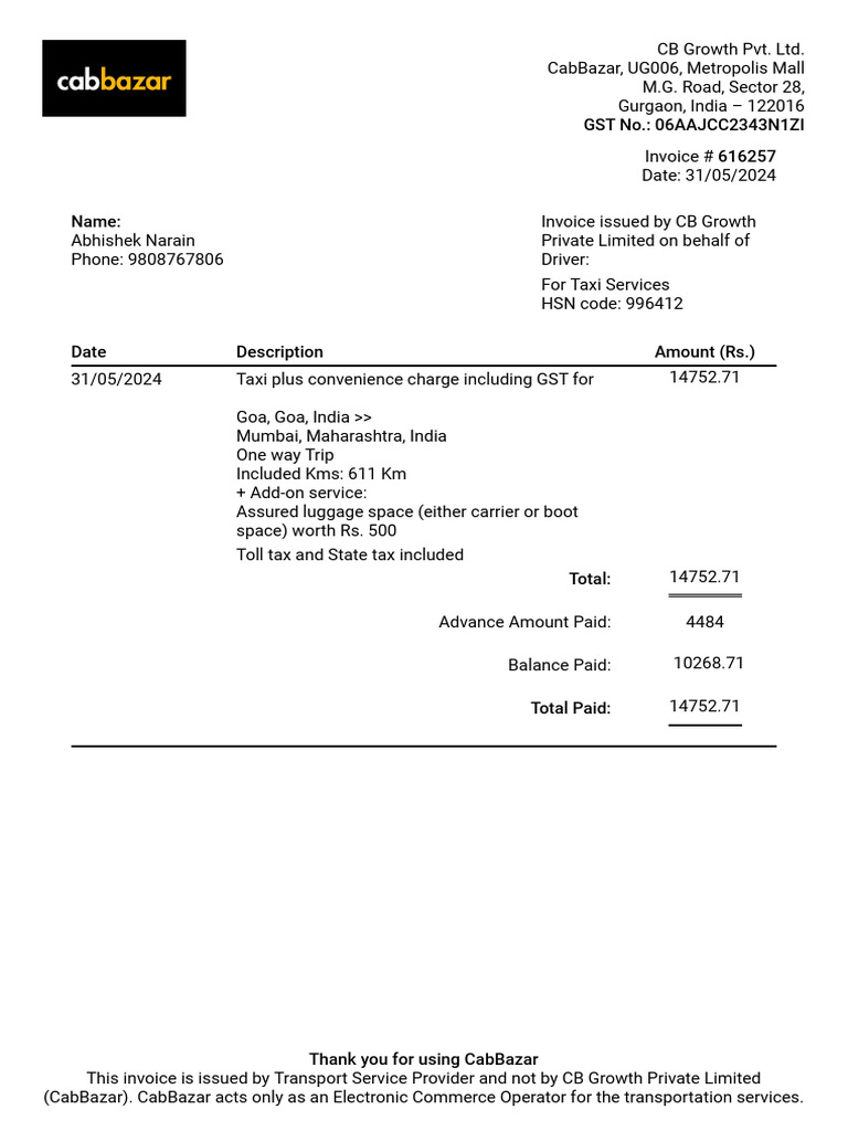 Cab Bill Goa To Mumbai | PDF