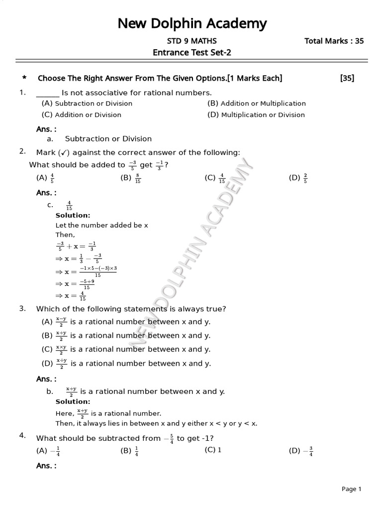 New Dolphin Academy Entrance Test Math | PDF | Arithmetic | Elementary ...