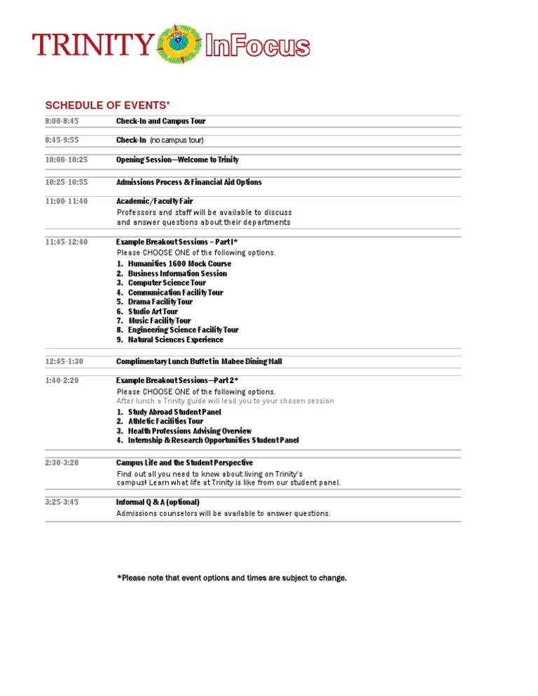 Trinity University Event Schedule | PDF | Career & Growth | Art