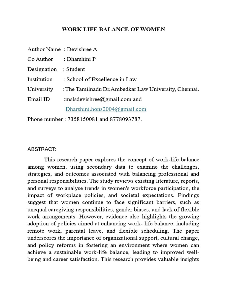 Work Life Balance of Women (1) | PDF | Work–Life Balance | Parental Leave