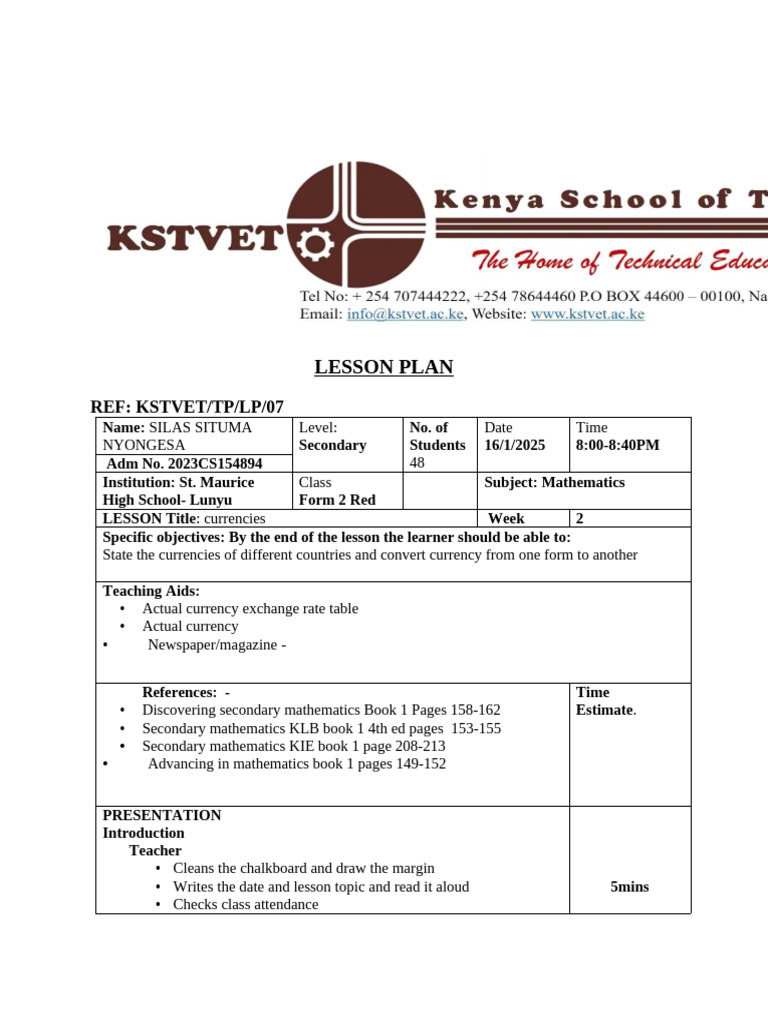 LESSON PLAN MATHS FORM 2 RED | PDF | Lesson Plan | Mathematics