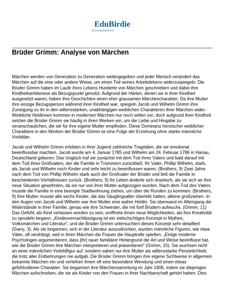 Brüder Grimm Analyse Von Märchen | PDF