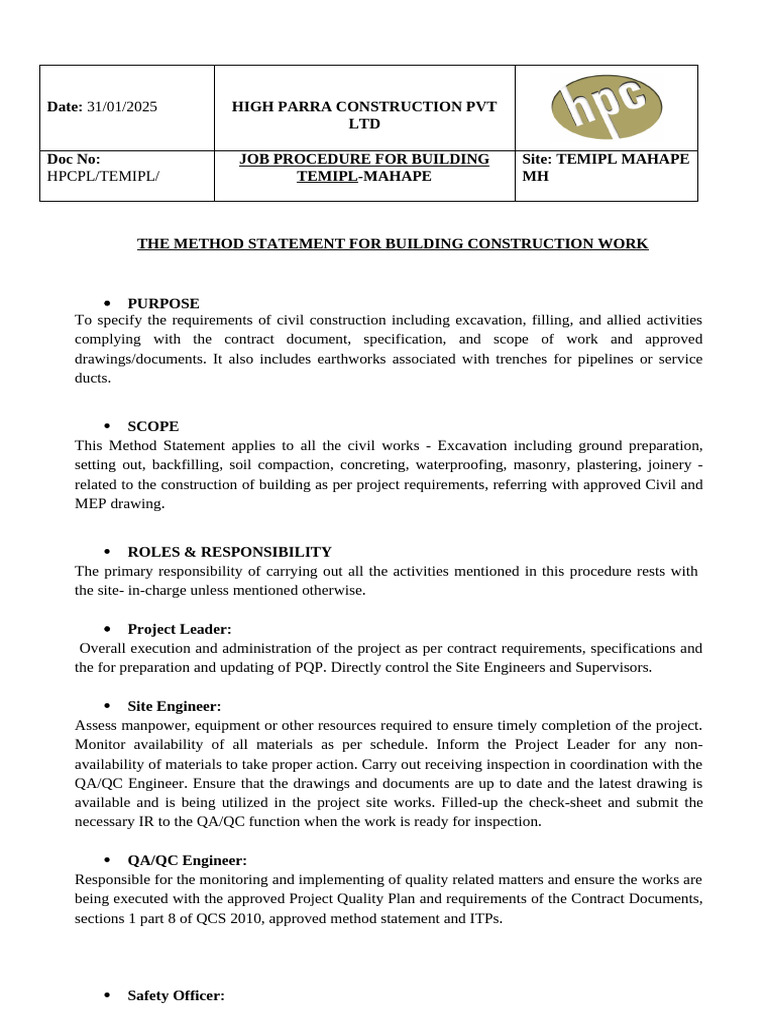 Building Construction Method Statement | PDF | Concrete | Welding