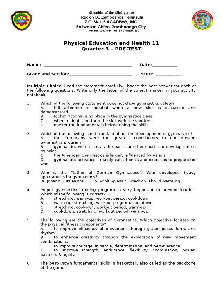 Gymnastics and Sports Fitness Pre-Test | PDF | Physical Fitness ...
