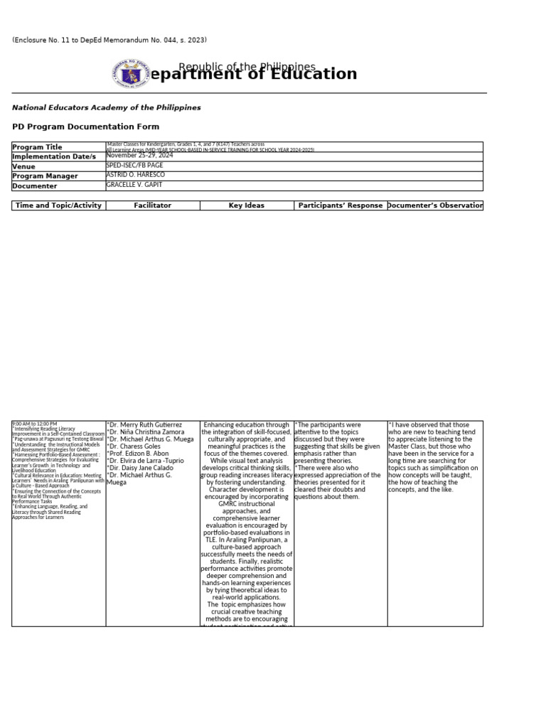 Enclosure No 11 - PD Documentation Form Final | PDF | Learning | Literacy