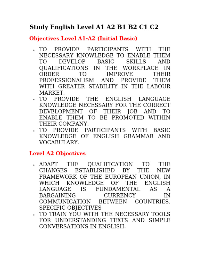 Study English Level A1 A2 B1 B2 C1 C2 | PDF | Verb | English Language