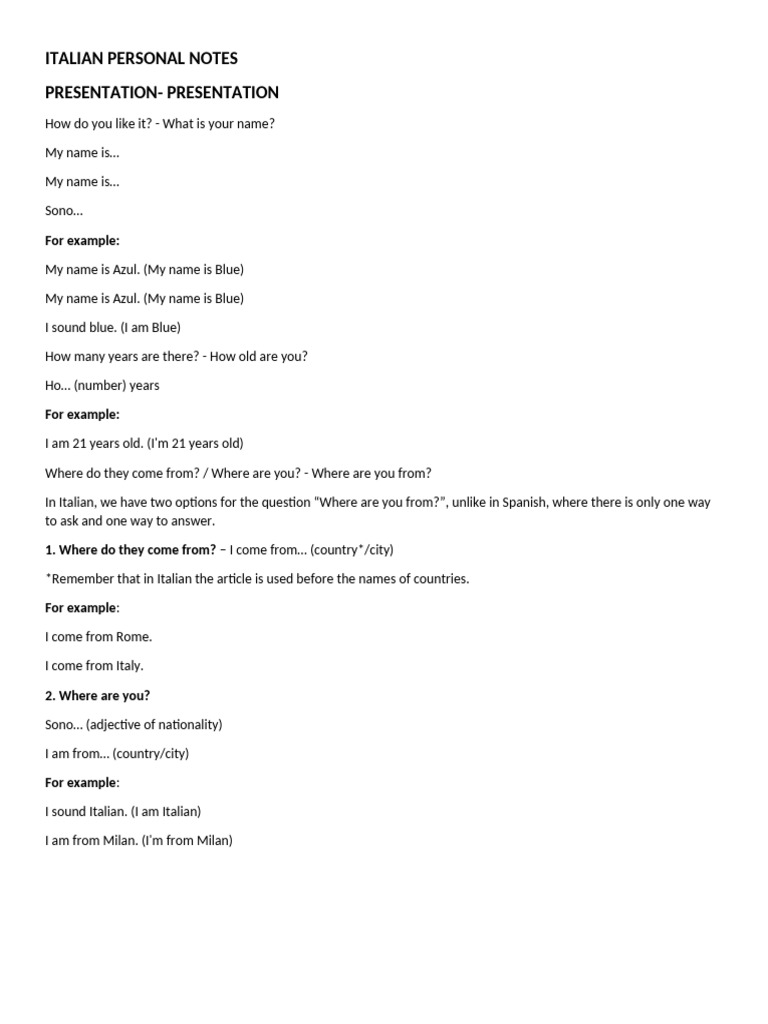 Italian Personal Notes | PDF | Grammatical Gender | Verb